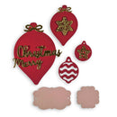 Red and gold Christmas-themed cutouts with decorative elements on a white background