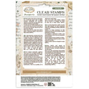 A product information card for Stamperia Clear Stamps, featuring product details, descriptions in multiple languages, a website URL, and a small logo at the top, set against a decorative vintage-style background.