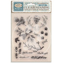 Clear stamps with nature-themed designs and text on a white background