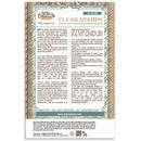 A printed stamp instruction and information card for 'Clear Stamps' by Little Witch Stamperia, featuring bilingual English and Spanish text, product details, a website URL, and a small sample stamp design at the top right.