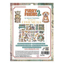 Stamperia Ephemera 'Furry Friends 2' adhesive paper cutouts packaging, featuring cartoon cat and dog illustrations and a preview of the sticker designs on a vintage-style illustrated border.