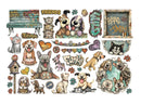 A sheet of colorful cartoon dog and cat stickers with decorative elements like a bench, graffiti-style lettering, flowers, hearts, a birdhouse, and a circular collage frame, all on a white background.