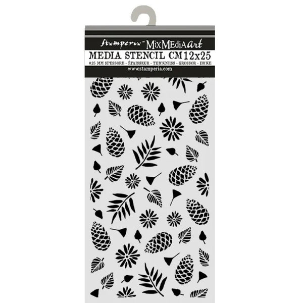 Stampers Mix Media Art CM12x25 Media Stencil package, featuring a clear plastic stencil sheet with black pinecones, leaves, and floral motifs on a white background.