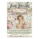Front cover of a stamperia Junk Journal 'Flowers and Poems' Focus Points cardstock pack, showing a vintage-style illustrated woman, floral artwork, handwritten notes, and product details including 16 pages, dimensions, and die cut features.