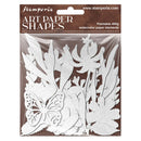 Stamperia Art Paper Shapes watercolor paper elements in a clear plastic hanging package with a brown header card. The white layered paper shapes include leaves, flowers, and a butterfly.