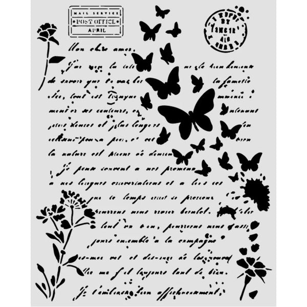 A clear plastic stamping plate featuring black printed designs, including butterflies, flowers, cursive script, and French text, with a 'Maison Dufour' logo at the top.