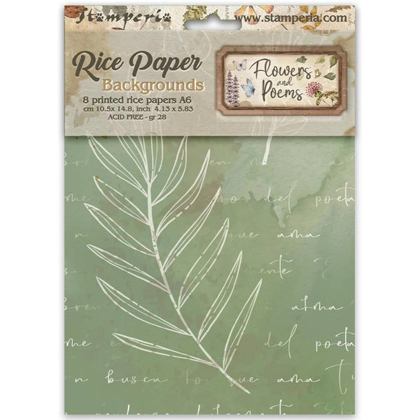 Stamperia Rice Paper Backgrounds card set, featuring 8 printed rice papers in an A6 size pack. The packaging displays a sage green background with white script text and a white leaf illustration, with the Stamperia brand logo at the top.
