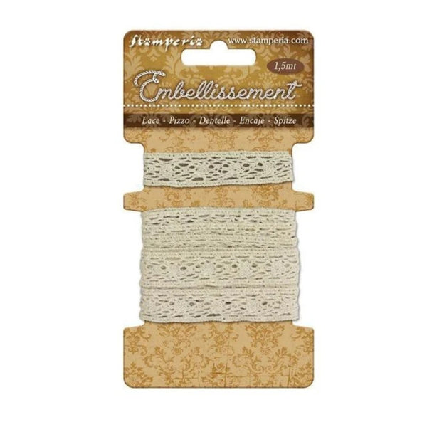 Spool of beige lace on a Stampperia branded card with decorative elements.