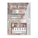 Stampen's Junk Journaling Kit featuring a large scrapbook paper sheet and a smaller cardstock sheet with vintage-style illustrations, text, and textures, packaged in a clear protective sleeve.