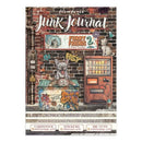 Stamperia 'Junk Journal' scrapbooking paper cover featuring a vintage-style illustration of a brick wall, a vending machine, a cat on a counter, and graffiti details, with product details printed along the bottom.