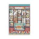Stamperia 'Furry Friends 2' Washi Pad sheet, featuring a whimsical collection of illustrated cats, dogs, birds, and houses on patterned sheets, with product details printed on the front.