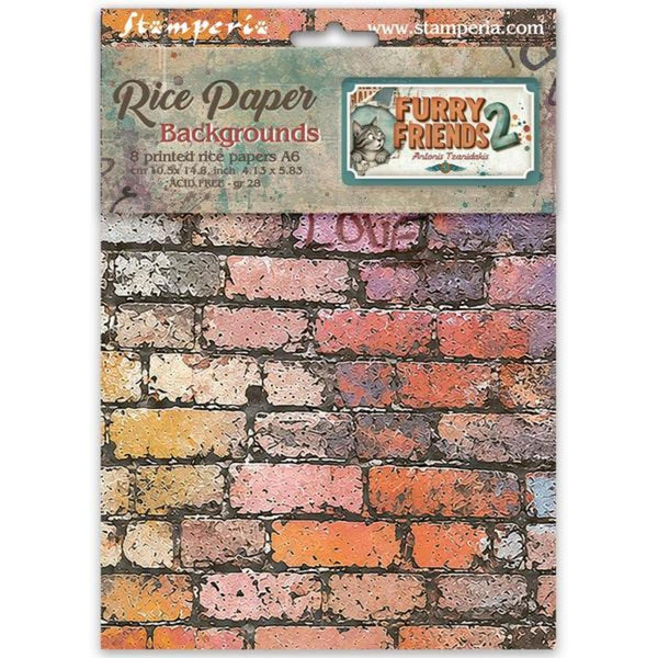 A packaged sheet of Stampens 'Rice Paper Backgrounds' featuring a distressed brick wall print with multiple warm tones including orange, red, pink, yellow, and blue. The header card shows the Stampens brand and a 'Furry Friends 2' sticker graphic.