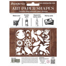 Stamperia Art Paper Shapes watercolor paper elements in a brown cardboard backing, featuring white cutout shapes of animals, planets, stars, and celestial motifs with product details and barcode below.
