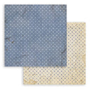 Two pieces of textured paper with geometric patterns, one blue and one beige.