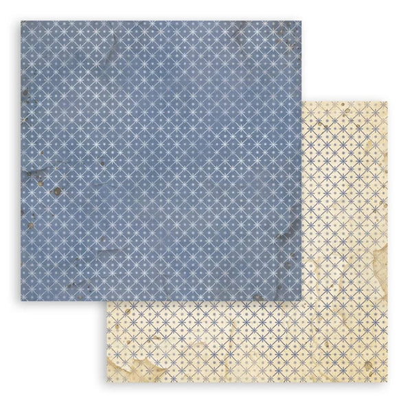 Two pieces of textured paper with geometric patterns, one blue and one beige.