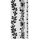 Three vertical black decorative border patterns on a light gray background, featuring holly leaves and berries, bells and floral motifs, and stars and dots.
