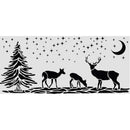 Black silhouette wall art featuring a pine tree, campfire, three deer, stars, and a crescent moon on a light gray background.