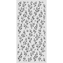 A vertical rectangular sheet featuring a repeating black botanical pattern of stems, leaves, and small floral motifs on a light gray background, shown against a white surround.