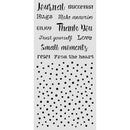 A vertical sheet of clear adhesive stamps with black printed words and phrases including 'Journal Bucketist', 'Hugs', 'Make memories', 'ENJOY', 'Thank You', 'Trust yourself', 'Love', 'Small moments', and 'reset from the heart', plus a black polka dot pattern at the bottom, shown on a white background.