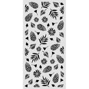Stencil with black leaf and pine cone patterns on a white background