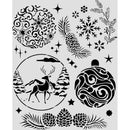 Collection of black winter-themed stencils on a white background