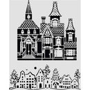 Decorative stencils of buildings and trees on a white background