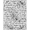 A square sheet of light gray cardstock or paper featuring a dense, hand-written style black ink script pattern with scattered ink splatters and dots.