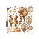 A sheet of vintage Christmas-themed stickers or decals featuring Santa Claus with a sack of gifts, two children looking up, a streetlamp, gold stars, a reindeer ornament, a teddy bear ornament, candy canes, an envelope reading "Merry Christmas," and a calendar tag showing 24 December.