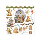 A square Christmas-themed collage print featuring illustrated holiday motifs including a teddy bear with a candy cane, a snow-covered evergreen tree, two children under a streetlamp, a dog on a sled, snowflakes, wrapped gifts, a cake, and a green garland border, all on a white background.