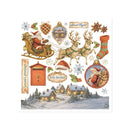 A sheet of Christmas-themed decorative stickers or decals featuring Santa Claus in a sleigh pulled by two reindeer, a stocking, ornaments, snowflakes, pinecones, a mailbox, a house scene, and holiday text including 'Silent Night,' 'Season's greetings,' and 'Feliz Navidad.'.