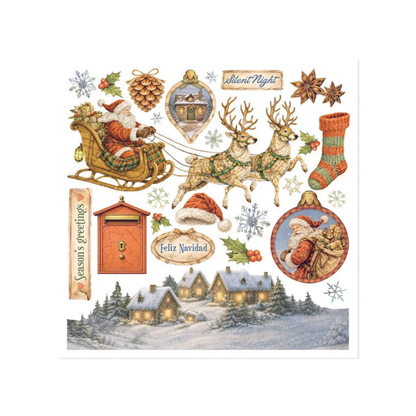 A sheet of Christmas-themed decorative stickers or decals featuring Santa Claus in a sleigh pulled by two reindeer, a stocking, ornaments, snowflakes, pinecones, a mailbox, a house scene, and holiday text including 'Silent Night,' 'Season's greetings,' and 'Feliz Navidad.'.