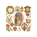 Collection of Christmas-themed illustrations including a wreath, clock, stockings, and children by a window.