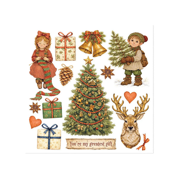 Collection of Christmas-themed illustrations including a girl, boy, tree, deer, and presents on a white background.