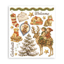 Illustrated Christmas scene with animals, a tree, and decorative elements on a white background.