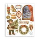 Collection of Christmas-themed illustrations including a boy with a tree, wreath, and other festive elements on a white background.