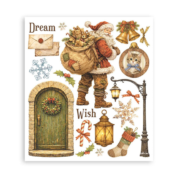 Set of Christmas-themed stickers featuring Santa Claus, a door, lantern, and other festive elements on a white background.