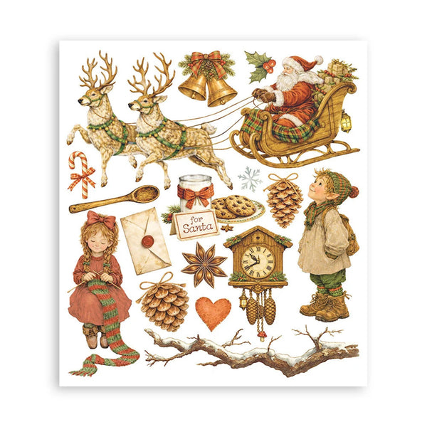 Collection of Christmas-themed illustrations including Santa Claus, reindeer, and winter elements on a white background.