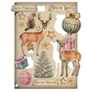 Decorative paper with Christmas-themed elements including deer, stars, and gift boxes on a beige background.