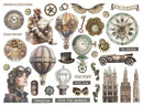 Collection of steampunk-themed illustrations including clocks, balloons, and mechanical elements on a white background.