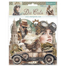 Packaging of Stamperia die cuts with steampunk-themed design featuring people and gears.