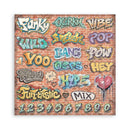 A square canvas print featuring a collection of colorful graffiti-style street art words and numbers on a brick wall background.