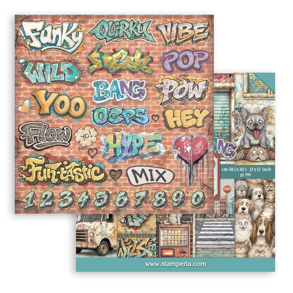 A sheet of scrapbooking paper with a brick wall background covered in colorful graffiti-style words and numbers, shown with a smaller inset preview of dog illustrations and street art on the right side. The sheet includes text such as 'Funky', 'Guru', 'Vibe', 'Wild', 'Speak', 'Pop', 'Bang', 'Oeps', 'Hey', 'Flow', 'Hype', 'Fun', 'Classic', 'MIX', and '1234567890'.