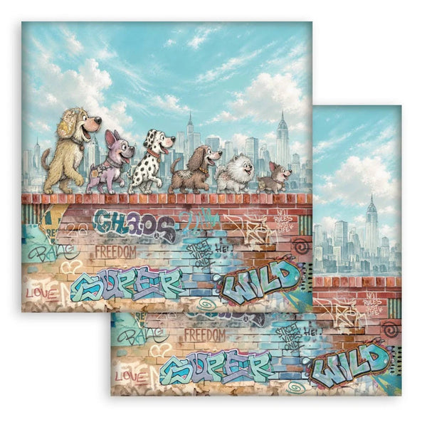 Three square art prints or cards stacked slightly offset, each showing a whimsical illustration of several dogs walking along a brick wall with graffiti-style text, set against a city skyline and blue sky.