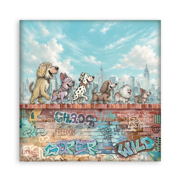 A square wall art print featuring a whimsical illustration of several dogs standing on a brick wall with a city skyline and graffiti background. The print is shown against a clean white backdrop.
