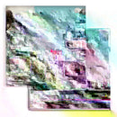 A square abstract art print or canvas featuring a heavily pixelated, glitch-like depiction of a coastal town with houses, a lighthouse, and waves, shown against a white background with a second overlapping square version below it.