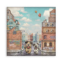 A square art print or poster depicting two dogs sitting on a city street between colorful buildings under a blue sky with clouds and two balloons, shown against a plain white background.