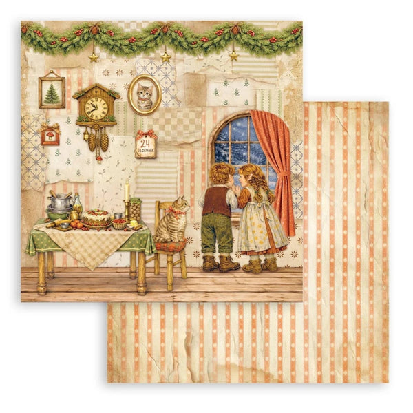 Vintage-style illustration of children at a table with a window view, featuring Christmas decorations.