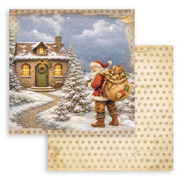 A vintage-style Christmas illustration showing Santa Claus carrying a sack of gifts beside a snowy cottage, with a patterned beige border and a folded matching patterned sheet behind it.