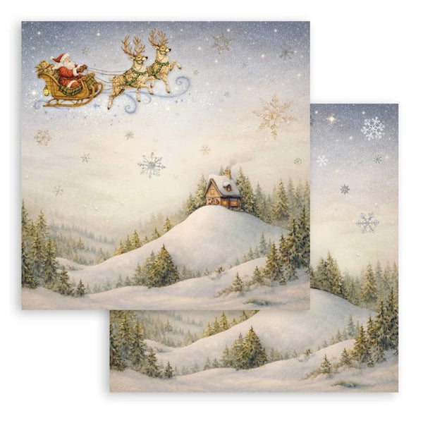 Christmas-themed card with Santa in sleigh and reindeer over a snowy landscape with a cabin.
