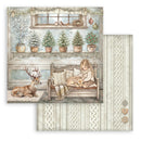 Scenic winter scene with a girl and deer in a cozy room, featuring Christmas trees and decorative elements.